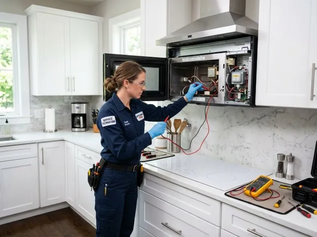 Appliance Repair Hero technician testing an over-the-range microwave in a Alloway, NJ kitchen